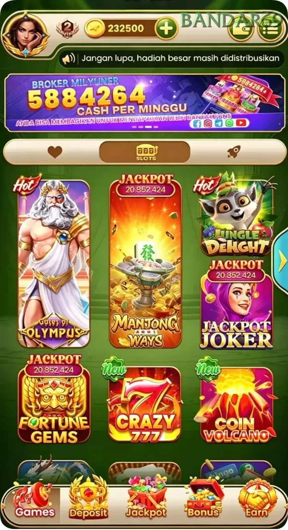 Cuplikan layar menu unduhan bandar69 untuk perangkat Android